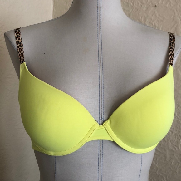 Victoria’s Secret Pink Wear Everywhere Push-up Neon Yellow Leopard Print Bra 34C - Picture 1 of 11